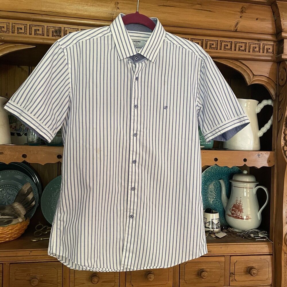 Renoma Paris Sz S Mens Slim Blue Striped Nautical Short Sleeve Button‎ up Shirt